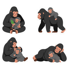 Gorilla mother and baby collection featuring nurturing care, family bonding, protection, affection and wildlife parenting Flat vector illustration © Tollaru