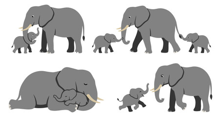 Elephant mother and baby family collection featuring caring, bonding, protection, affection and wildlife parenting moments Flat vector illustration © Tollaru