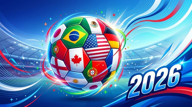 World cup 2026 soccer ball with world flags and 2026 tournament typography