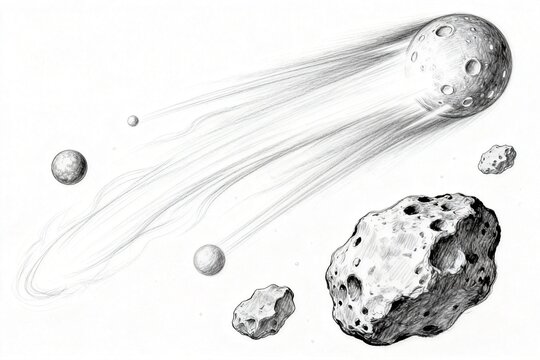 Pencil Drawing of Asteroid and Space Debris