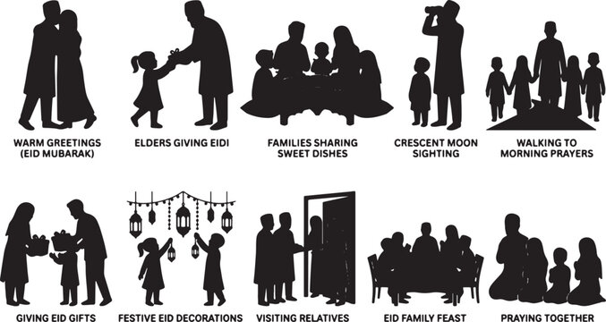 Eid Celebration Silhouettes: Warm Greetings, Eidi Gifts, Family Feasts, Festive Decorations, and Prayer Gatherings for Islamic Holidays
