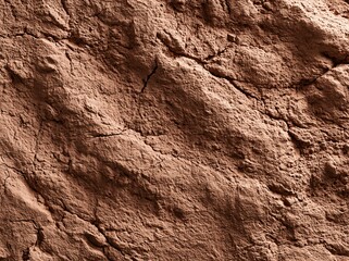 Fototapeta premium Close-up textured surface of dry, cracked earth with warm brown tones. Rough, uneven terrain displays natural fissures