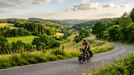 Obraz premium Man cycling on a winding road through a scenic green hilly landscape during a bike tour
