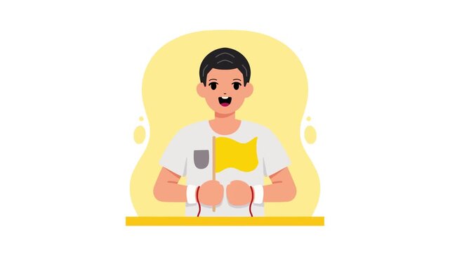Animated flat character of a vatican man or catholic staff holding a small flag on an orange background.