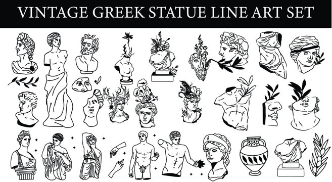 Antique Greek statue line art illustrations set.