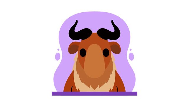 Cute 2D animated buffalo or bull head with large black horns inside a purple circular frame.