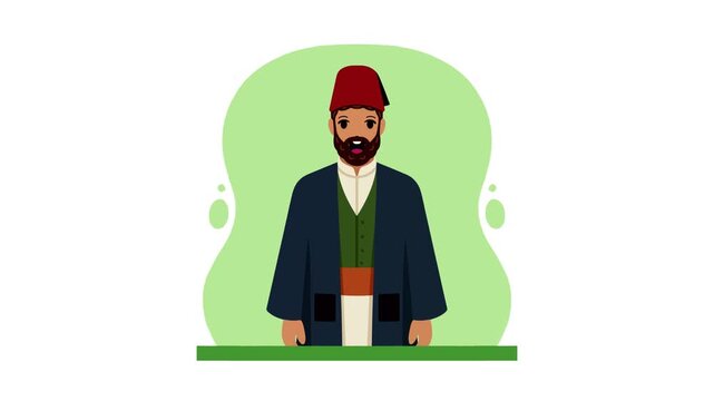 Flat 2D animation of a traditional turkish or middle eastern man wearing a fez hat on a green circle background.