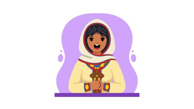 Flat 2D animation of a traditional inuit or eskimo woman wearing a fur hood parka on a purple circle background.