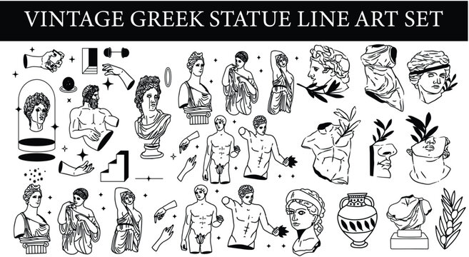 Antique Greek statue line art illustrations set.