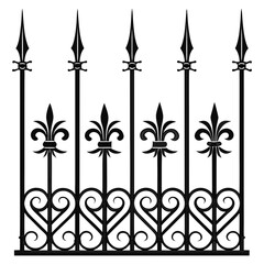 Black wrought iron fence with fleur de lis and scrollwork. © A