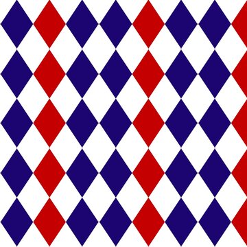 Red, blue, and white harlequin seamless pattern. Classic argyle diamond geometric background vector illustration.