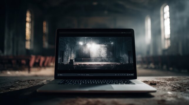 Laptop displaying theater stage in ruins