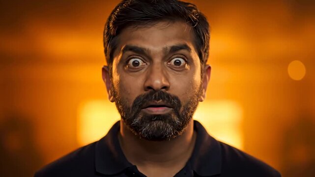 A man with a dark beard and shocked expression stares directly at the camera, with wide eyes