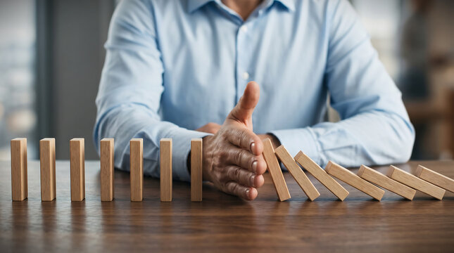 Business Risk Management and Crisis Prevention Concept with Domino Effect Control
Professional loss prevention, financial protection, risk mitigation, and business continuity strategy concept