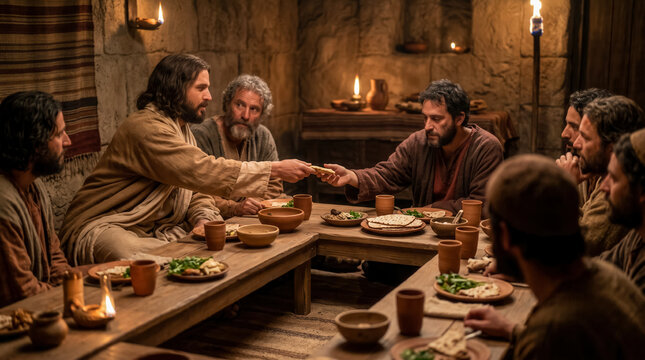 During the Last Supper, Jesus extends a dipped piece of bread to Judas Iscariot.