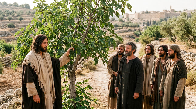 Jesus at a fig tree on which he found no fruit.	