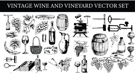 Fototapeta premium Vintage wine and vineyard vector set. Retro hand drawn engraving style wine bottles, grapes, barrels, and winery landscape elements 