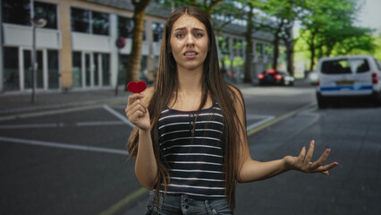 Fototapeta premium Teenage girl holding a small red heart in hand, looks up and shrugs with braces visible on a street; lost love longing.