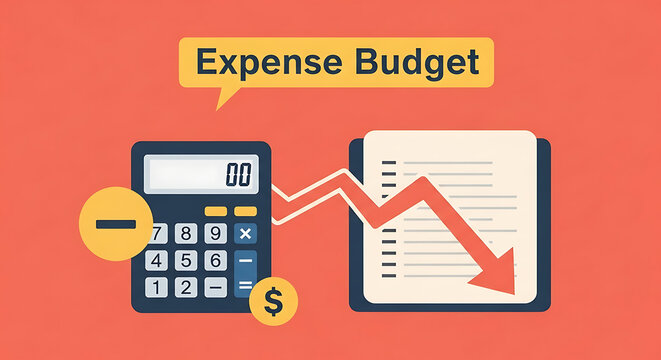 Calculator sitting next to a document with a downward trending arrow illustrates a financial deficit or expense budget reduction concept.