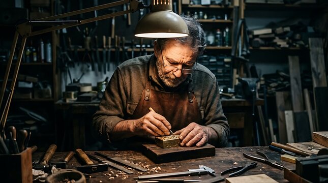Skilled craftsman meticulously working on a detailed wooden carving in his workshop with tools and materials visible around him