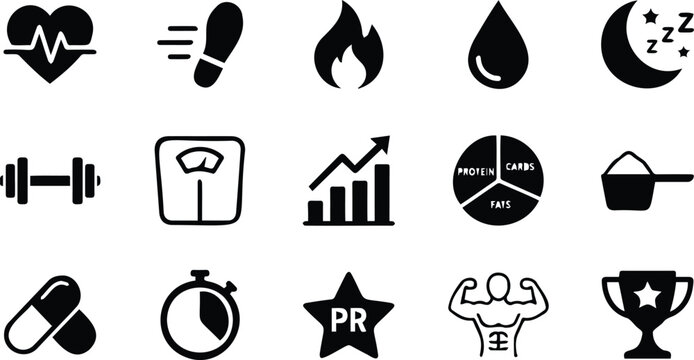 Fitness tracker health icon set vector illustrations of gym workout progress telemetry app elements