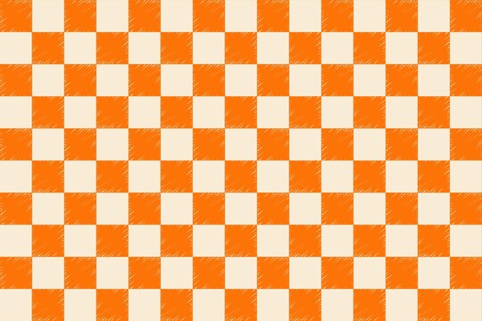 Orange and White Checkerboard Seamless Pattern Background. Hand Drawn Sketch Checker Checkered Grid Geometric Texture. Retro Orange Gingham Tablecloth Check Fabric Wallpaper Vector