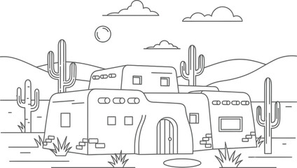 Naklejka premium Southwest desert coloring page book vector drawing line art adobe illustrator