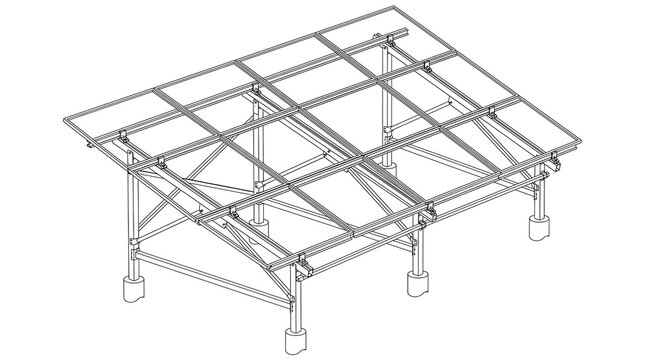 Industrial 3D model drawing of a solar panel support frame system structure