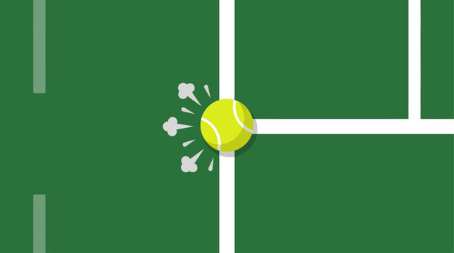 A precise flat design illustration of a tennis ball making contact with the court line, signifying an 'in' call during a match. This minimalist 2D vector emphasizes accuracy and the fine margins