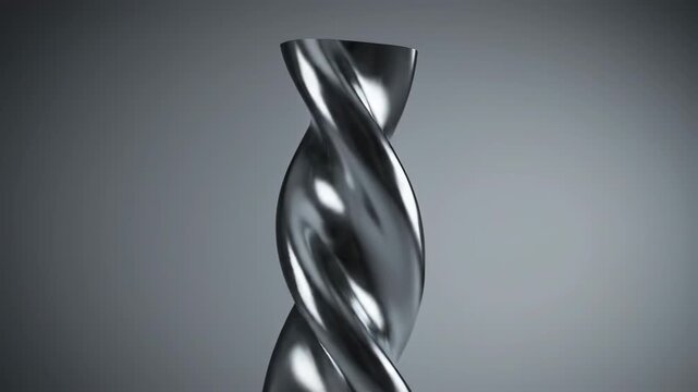 A metallic, twisted and reflective object. Rendered with gray background