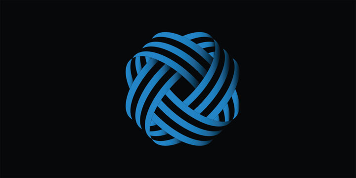 Abstract blue and black striped geometric knot sphere on black background. 3D interwoven ribbon ball, futuristic tech logo vector illustration element