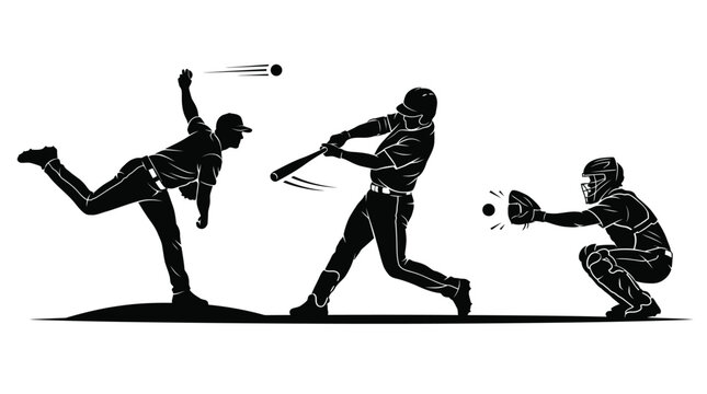 Silhouette of a professional baseball pitcher batter and catcher playing a dynamic game of baseball