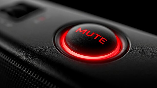Black circular mute button with a glowing red ring light on a modern audio device