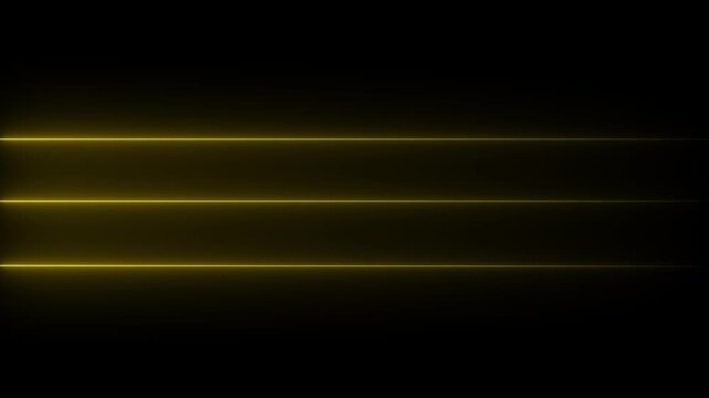 Minimalist gold neon lines moving horizontally on black background, abstract motion