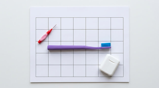 Dental hygiene reminder with toothbrush, dental floss, and interdental brush on calendar