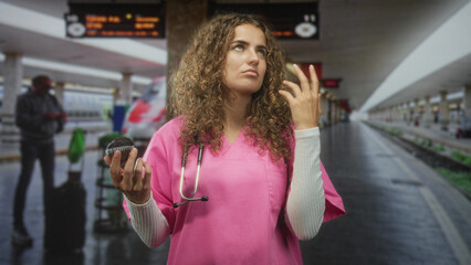 Fototapeta premium Woman doctor wearing pink scrubs and stethoscope holding a chocolate muffin with right hand raised in a shrug gesture on a train station platform; weariness.