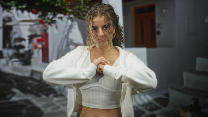 Fototapeta premium Young woman with navel piercing and hoop earrings, clasped hands at chest wearing white hoodie and crop tank on a whitewashed street with stairs and door visible; confidence strength.