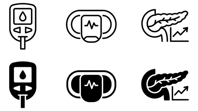 Medical diagnostic icon set featuring glucose meter heart monitor and pancreas function analysis symbols, diagnostic