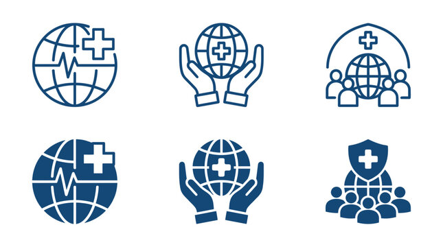 Global healthcare and medical charity icon set for world wellness and community support with healthcare, community