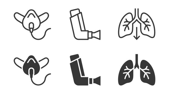 Asthma and respiratory care icons showing oxygen mask inhaler and lungs function health illustrations with respiratory