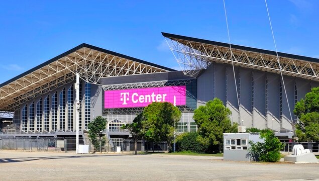 Exterior view of the Telekom Center Athens (T-Center), formerly known as the OAKA Basketball Arena, forms part of the Spyros Louis Olympic Athletic Center in Athens. 