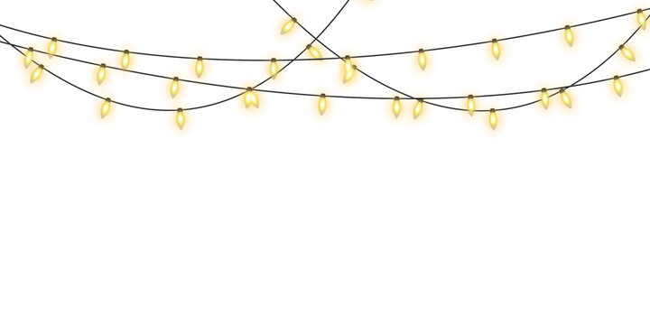 Glowing fairy Christmas garland strings with realistic light bulbs isolated on transparent background. New Year party LED lamps decorations PNG for winter holiday celebration events.