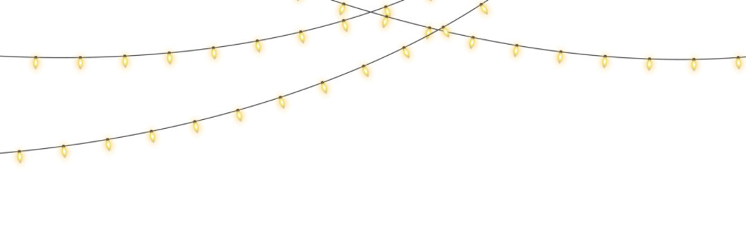Christmas string lights PNG and glowing golden garland. Decorative LED lamps isolated on transparent background for creative winter holiday cards and New Year party decorations.