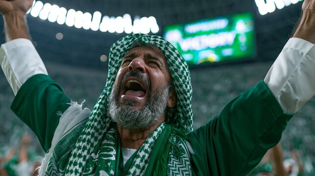 A passionate Saudi Arabian football fan celebrating ecstatically with arms raised the vibrant stadium scoreboard showing an impressive victory in the background.