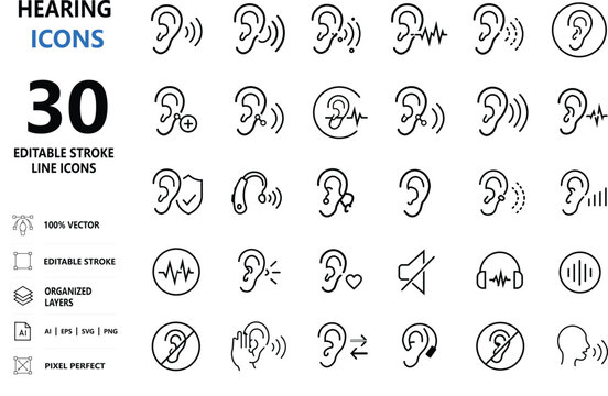 Hearing Aid and Ear Care Line Icons Set Editable Stroke Vector Collection