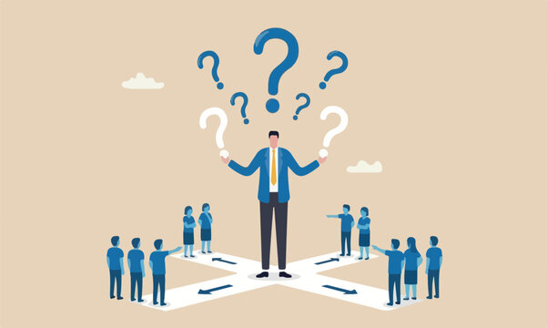 Indecisive manager meeting teams together frustrated to decide, worried about which way to choose concept, indecisive businessman deciding way to go