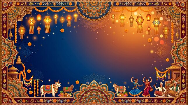 Gai Jatra celebration banner, deep blue and saffron gradient, ornate mandala-inspired border decorations, glowing lantern accents
