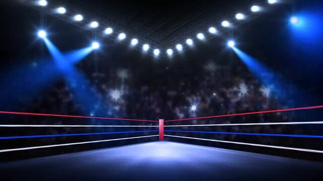 Empty Boxing Ring Under Dramatic Blue Spotlight Illumination.