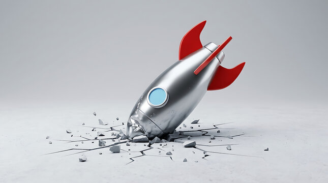 Metallic rocket crashed on surface showing business failure and startup disaster