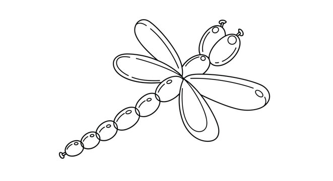 Balloon animal dragonfly drawing shown in a delicate black and white line art vector illustration style.